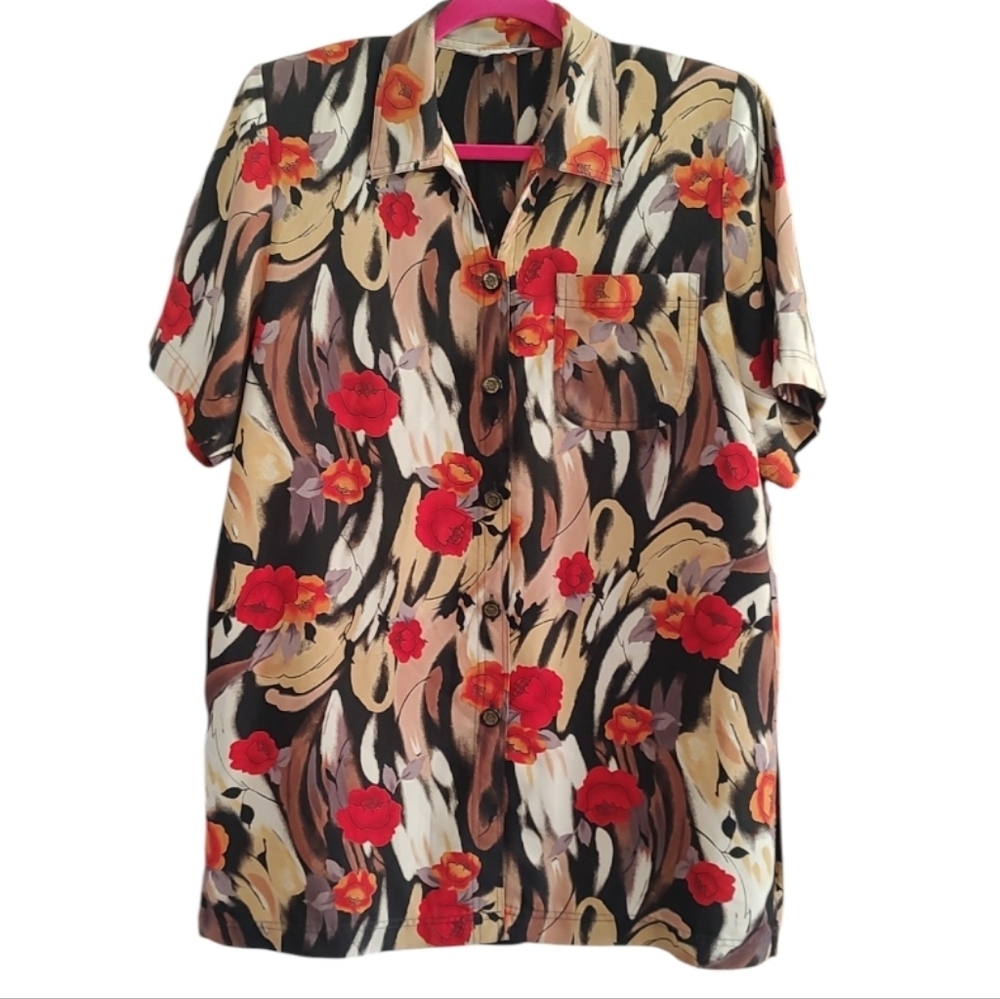 BAMBOO Vintage Red and Black Floral Design W/ Shoulder Pads Bottom Down